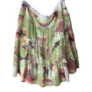 TRIBAL Vintage Y2K Green Floral Lace Trim Size 16 Pull On Midi Skirt A-Line EUC